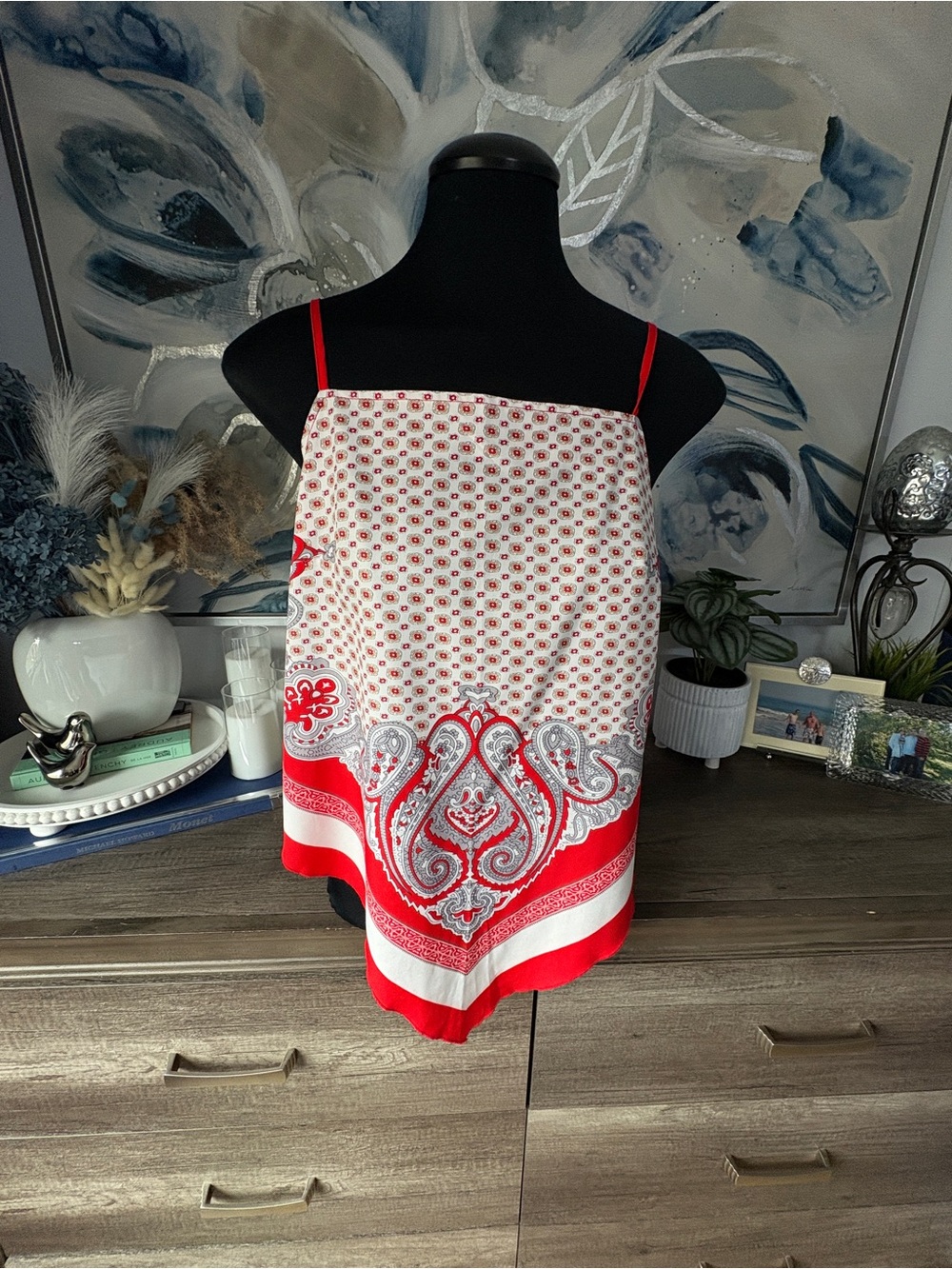 Red and White Paisley Scarf-Style Cami Top. NWOT.
